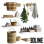 3D model collection of sauna accessories, including a wooden bucket with rope handle, ladle, thermometer, hanging birch whisk, towels, soap bottles, and a felt hat.