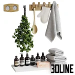 3D model collection of sauna accessories, including a wooden bucket with rope handle, ladle, thermometer, hanging birch whisk, towels, soap bottles, and a felt hat.