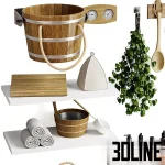 3D model collection of sauna accessories, including a wooden bucket with rope handle, ladle, thermometer, hanging birch whisk, towels, soap bottles, and a felt hat.