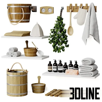 3D model collection of sauna accessories, including a wooden bucket with rope handle, ladle, thermometer, hanging birch whisk, towels, soap bottles, and a felt hat.