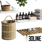 3D model collection of sauna accessories, including a wooden bucket with rope handle, ladle, thermometer, hanging birch whisk, towels, soap bottles, and a felt hat.