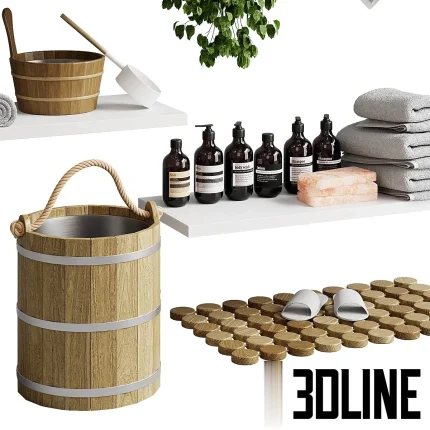 3D model collection of sauna accessories, including a wooden bucket with rope handle, ladle, thermometer, hanging birch whisk, towels, soap bottles, and a felt hat.