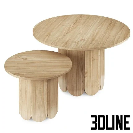 High-resolution 3D model of a set of two round coffee tables with scalloped cylindrical wood plank bases and light wood tops.
