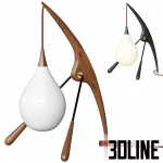 3D model of a sculptural mid-century floor lamp (resembling the Rispal Praying Mantis), featuring an organic curved wooden body in walnut and black ash finishes, supporting a teardrop-shaped white glass shade suspended by a red cord.