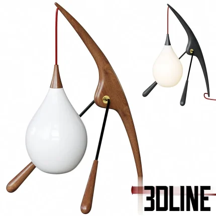 3D model of a sculptural mid-century floor lamp (resembling the Rispal Praying Mantis), featuring an organic curved wooden body in walnut and black ash finishes, supporting a teardrop-shaped white glass shade suspended by a red cord.