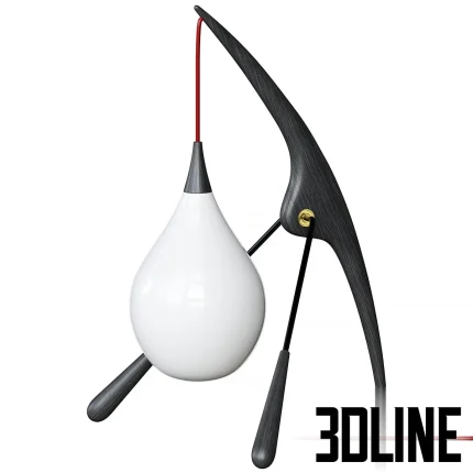 3D model of a sculptural mid-century floor lamp (resembling the Rispal Praying Mantis), featuring an organic curved wooden body in walnut and black ash finishes, supporting a teardrop-shaped white glass shade suspended by a red cord.