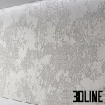 High-resolution 3D seamless texture material of a concrete wall with a subtle damask pattern embossed onto the surface, creating a distressed textured plaster finish.