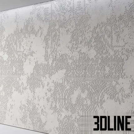 High-resolution 3D seamless texture material of a concrete wall with a subtle damask pattern embossed onto the surface, creating a distressed textured plaster finish.