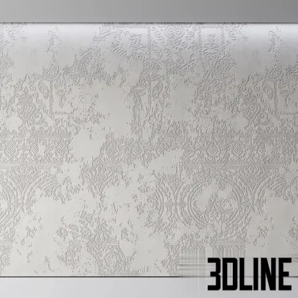 High-resolution 3D seamless texture material of a concrete wall with a subtle damask pattern embossed onto the surface, creating a distressed textured plaster finish.