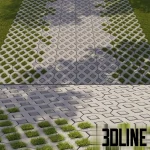High-resolution 3D seamless texture material of an eco grass paving system, featuring a concrete grid with vibrant green turf growing through the rhomboid openings.