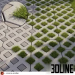 High-resolution 3D seamless texture material of an eco grass paving system, featuring a concrete grid with vibrant green turf growing through the rhomboid openings.