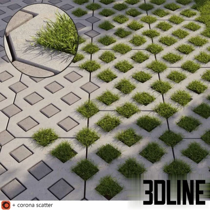 High-resolution 3D seamless texture material of an eco grass paving system, featuring a concrete grid with vibrant green turf growing through the rhomboid openings.