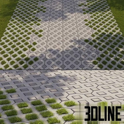 High-resolution 3D seamless texture material of an eco grass paving system, featuring a concrete grid with vibrant green turf growing through the rhomboid openings.
