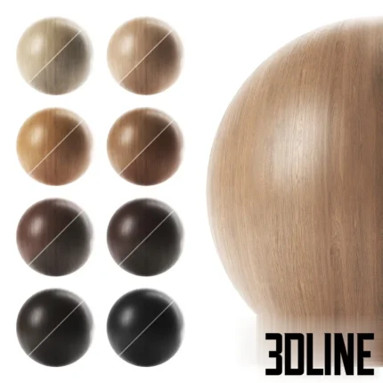 3D visualization of a comprehensive wood texture set displayed on spheres, featuring diverse wood types including light ash, natural oak, and dark walnut with realistic grain details.