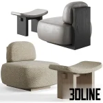 3D model set of the Yoshida Chair and Nara Stool by Secolo, featuring a minimalist Japanese-inspired design with thick upholstered cushions in grey and textured beige, supported by bold architectural wood frames.