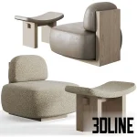 3D model set of the Yoshida Chair and Nara Stool by Secolo, featuring a minimalist Japanese-inspired design with thick upholstered cushions in grey and textured beige, supported by bold architectural wood frames.