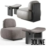 3D model set of the Yoshida Chair and Nara Stool by Secolo, featuring a minimalist Japanese-inspired design with thick upholstered cushions in grey and textured beige, supported by bold architectural wood frames.