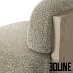 3D model set of the Yoshida Chair and Nara Stool by Secolo, featuring a minimalist Japanese-inspired design with thick upholstered cushions in grey and textured beige, supported by bold architectural wood frames.