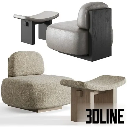 3D model set of the Yoshida Chair and Nara Stool by Secolo, featuring a minimalist Japanese-inspired design with thick upholstered cushions in grey and textured beige, supported by bold architectural wood frames.