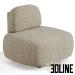 3D model set of the Yoshida Chair and Nara Stool by Secolo, featuring a minimalist Japanese-inspired design with thick upholstered cushions in grey and textured beige, supported by bold architectural wood frames.