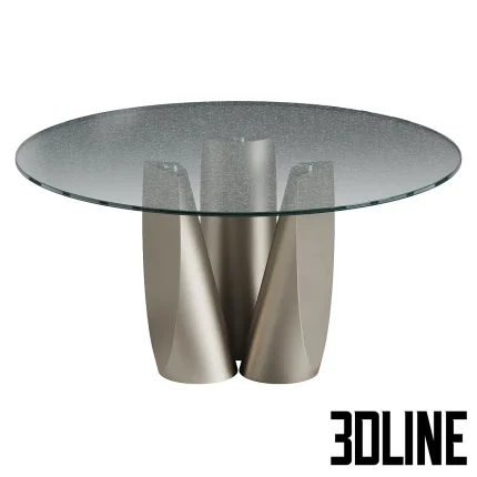 3D model of the Sentei Dining Table, featuring a clear round glass top supported by a central base composed of three tapered, sculptural metal legs in a champagne bronze finish.
