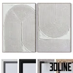 3D model of two large vertical wall paintings featuring heavy white textured relief patterns in arch and curve shapes, framed in thin minimalist frames.