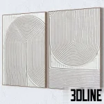 3D model of two large vertical wall paintings featuring heavy white textured relief patterns in arch and curve shapes, framed in thin minimalist frames.
