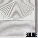 3D model of two large vertical wall paintings featuring heavy white textured relief patterns in arch and curve shapes, framed in thin minimalist frames.