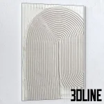 3D model of two large vertical wall paintings featuring heavy white textured relief patterns in arch and curve shapes, framed in thin minimalist frames.