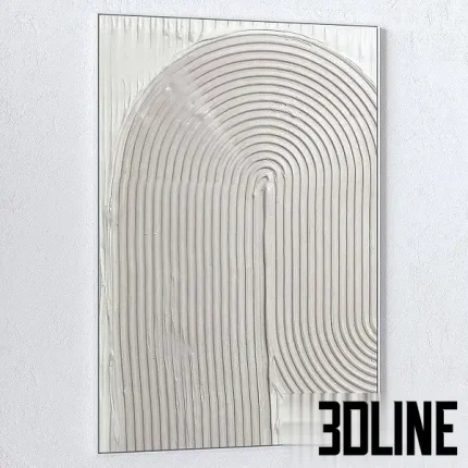 3D model of two large vertical wall paintings featuring heavy white textured relief patterns in arch and curve shapes, framed in thin minimalist frames.