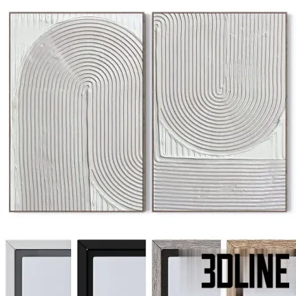 3D model of two large vertical wall paintings featuring heavy white textured relief patterns in arch and curve shapes, framed in thin minimalist frames.