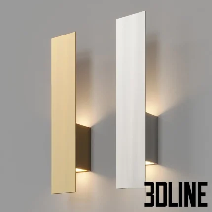 3D model of the Shades of Light Modern Shielded LED Sconce, a minimalist vertical rectangular wall light with a dark base and a large, thin metallic shield panel, shown in both gold/brass and white finishes.