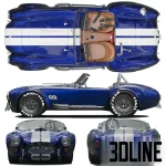 High-resolution 3D model of the blue and white striped Shelby Cobra 427 sports car with detailed engine, tan quilted leather interior, and Goodyear Eagle tires.
