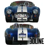 High-resolution 3D model of the blue and white striped Shelby Cobra 427 sports car with detailed engine, tan quilted leather interior, and Goodyear Eagle tires.