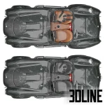 High-resolution 3D model of the blue and white striped Shelby Cobra 427 sports car with detailed engine, tan quilted leather interior, and Goodyear Eagle tires.
