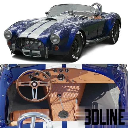High-resolution 3D model of the blue and white striped Shelby Cobra 427 sports car with detailed engine, tan quilted leather interior, and Goodyear Eagle tires.