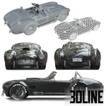 High-resolution 3D model of the blue and white striped Shelby Cobra 427 sports car with detailed engine, tan quilted leather interior, and Goodyear Eagle tires.
