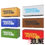 Set of 3D models of 20ft shipping containers in six vibrant colors (orange, white, blue, brown, green, red) featuring corrugated metal textures and "TRUCK AUTO" branding on the side.