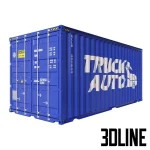 Set of 3D models of 20ft shipping containers in six vibrant colors (orange, white, blue, brown, green, red) featuring corrugated metal textures and "TRUCK AUTO" branding on the side.