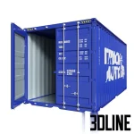 Set of 3D models of 20ft shipping containers in six vibrant colors (orange, white, blue, brown, green, red) featuring corrugated metal textures and "TRUCK AUTO" branding on the side.