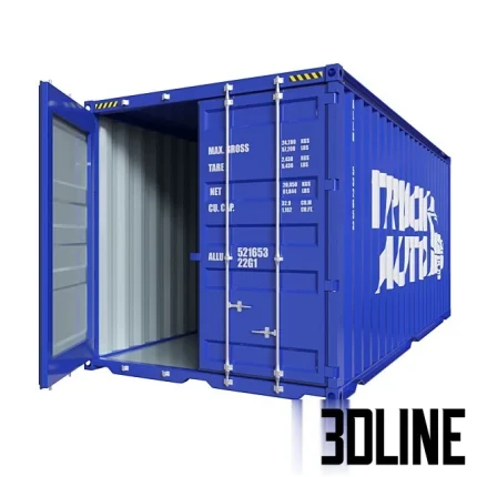 Set of 3D models of 20ft shipping containers in six vibrant colors (orange, white, blue, brown, green, red) featuring corrugated metal textures and "TRUCK AUTO" branding on the side.