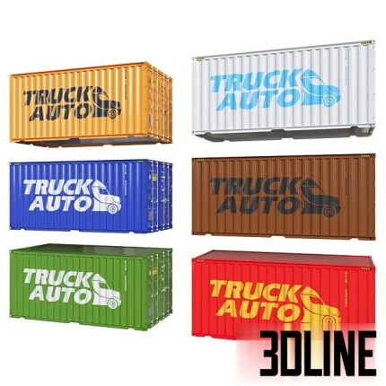 Set of 3D models of 20ft shipping containers in six vibrant colors (orange, white, blue, brown, green, red) featuring corrugated metal textures and "TRUCK AUTO" branding on the side.