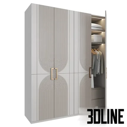 Detailed 3D model of the Shkafulkin Manchester four-door wardrobe, featuring carved vertical fluting creating arch patterns on the doors and thin rose gold handles.