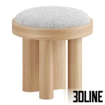 3D model of the SHOPPE Lara stool, featuring a round, textured grey/white cushion seat supported by three thick, blonde oak wood legs.