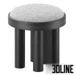 3D model of the SHOPPE Lara stool, featuring a round, textured grey/white cushion seat supported by three thick, blonde oak wood legs.