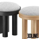 3D model of the SHOPPE Lara stool, featuring a round, textured grey/white cushion seat supported by three thick, blonde oak wood legs.