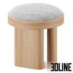 3D model of the SHOPPE Lara stool, featuring a round, textured grey/white cushion seat supported by three thick, blonde oak wood legs.