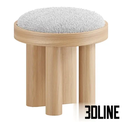 3D model of the SHOPPE Lara stool, featuring a round, textured grey/white cushion seat supported by three thick, blonde oak wood legs.