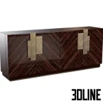 Detailed 3D model of Sicis Dalton Buffet featuring dark glossy wood with diagonal grain patterns and large sculptural metallic handles.