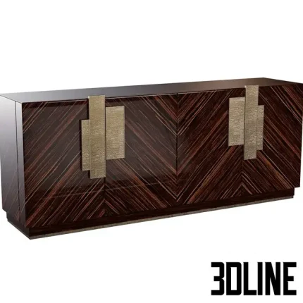 Detailed 3D model of Sicis Dalton Buffet featuring dark glossy wood with diagonal grain patterns and large sculptural metallic handles.